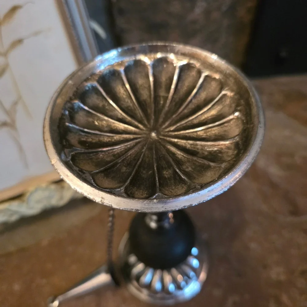 Vintage Silver Tone Metal Wood Candlestick Holder with Attached Snuffer 9.5in